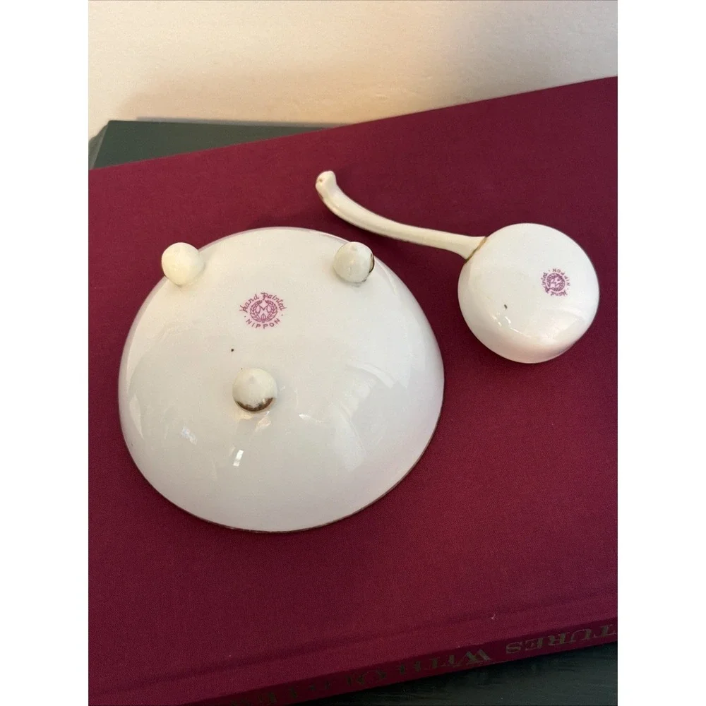 Antique Nippon Porcelain Hand Painted Footed Condiment Bowl with Matching Ladle